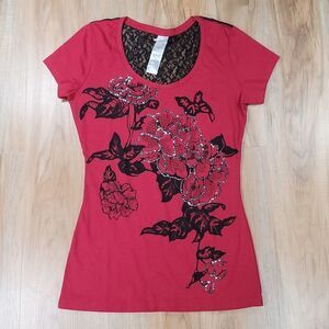 🔺️Red & Black Floral Print, Lace, & Bedazzled Short Sleeve Top